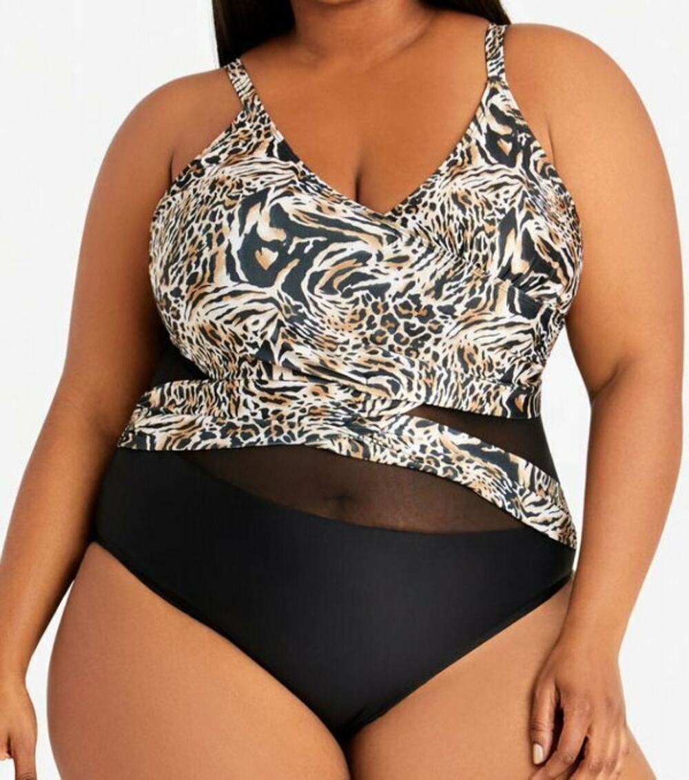 NEW NICOLE MILLER BLACK ANIMAL PRINT CRISSCROSS MESH ONE PIECE SWIMSUIT SIZE 2X